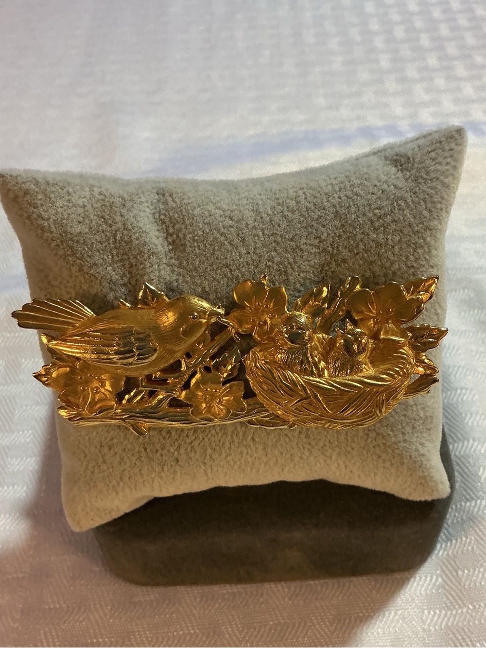 Songbird and Bird Nest Floral Gold Tone Brooch